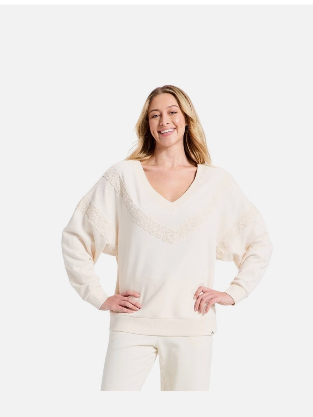 Joylab Women's Crochet Trim V-Neck Sweatshirt Cream S